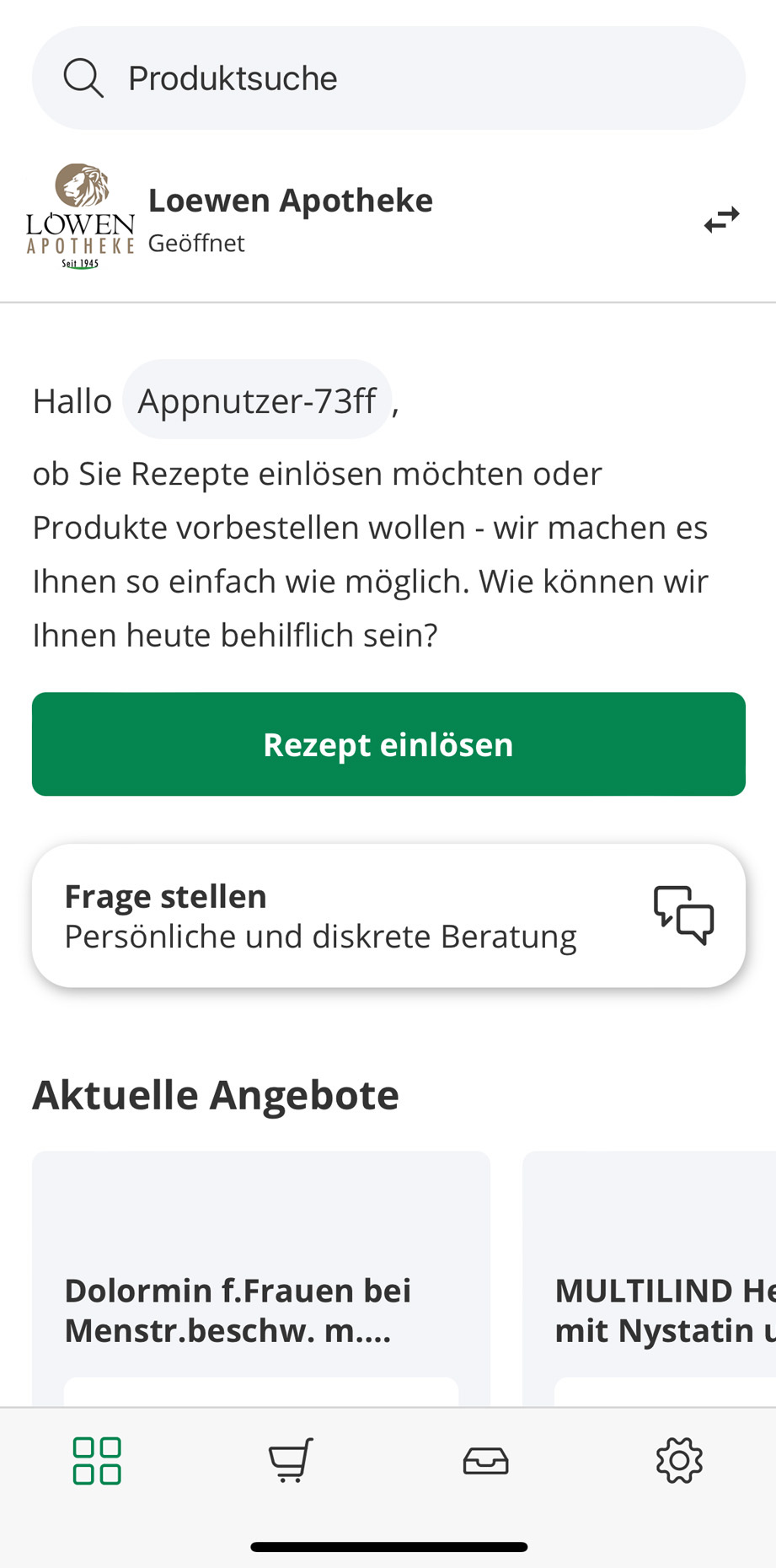 Screenshot der Kundenservice-Chat-Funktion der Löwen-Apotheke-App mit Service-Optionen wie Route planen und Benachrichtigungsfunktion.
