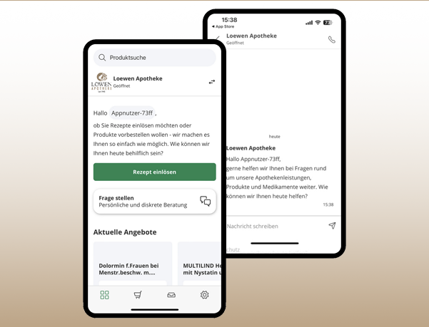 Zwei Handys auf denen die Apotheken-App der Löwen-Apotheke geöffnet ist.